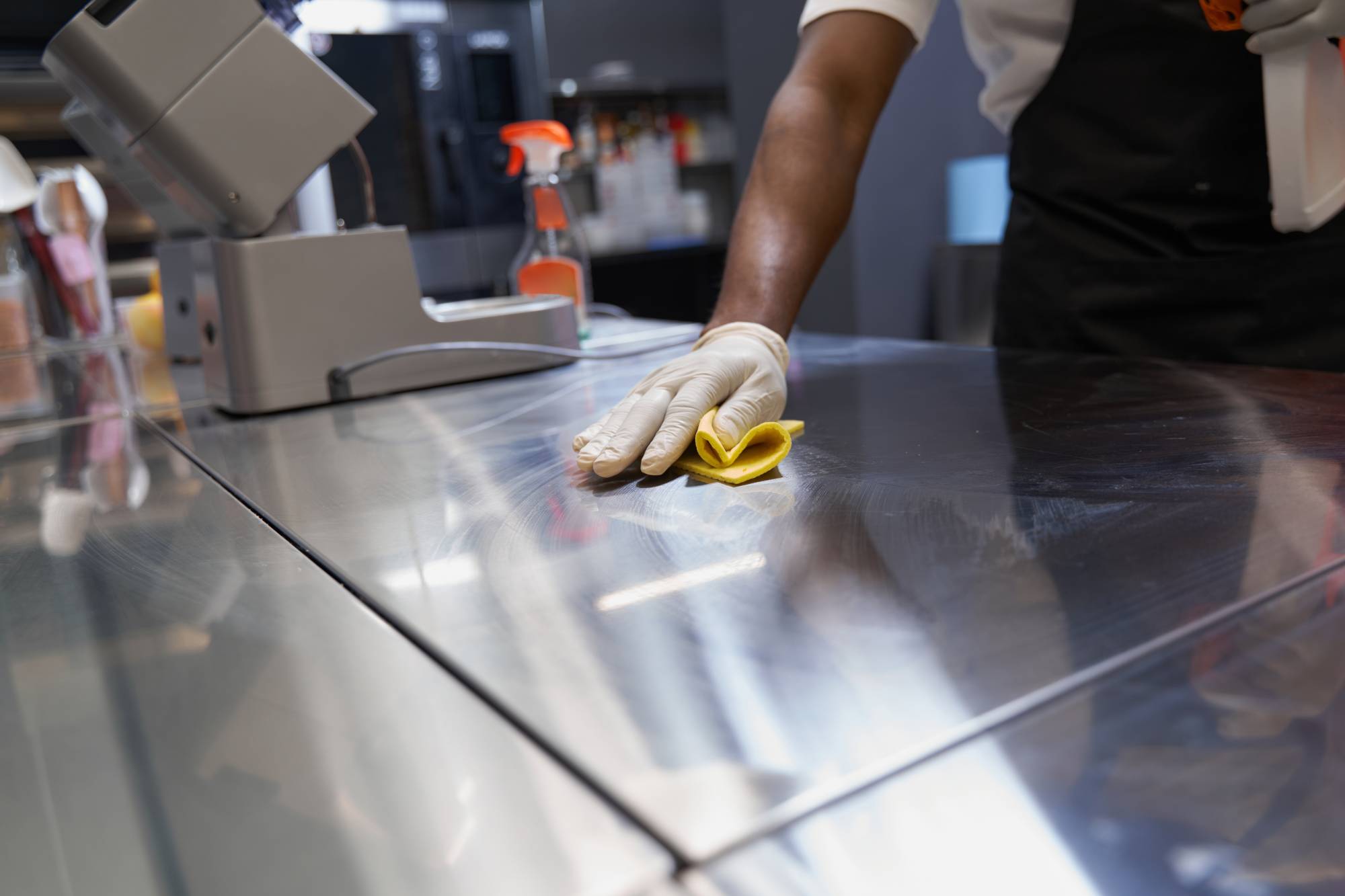 cleaning commercial kitchen bench